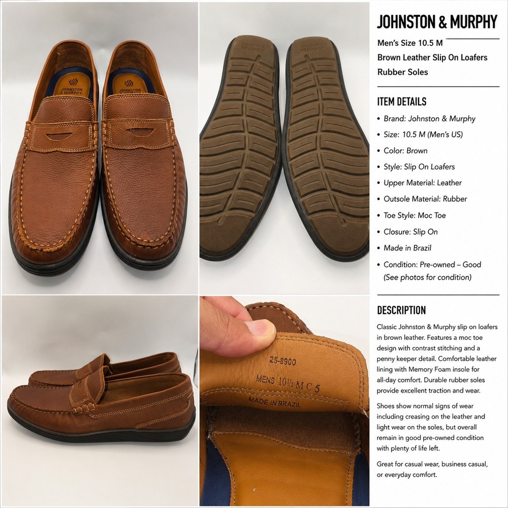 Johnston & Murphy Mens 10.5 M Brown Leather Penny Loafer Slip On Shoes 25-8900